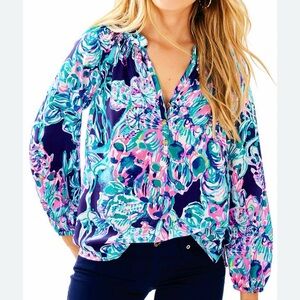 Lilly Pulitzer Navy Floral Peasant Blouse with Pink & Teal Accents